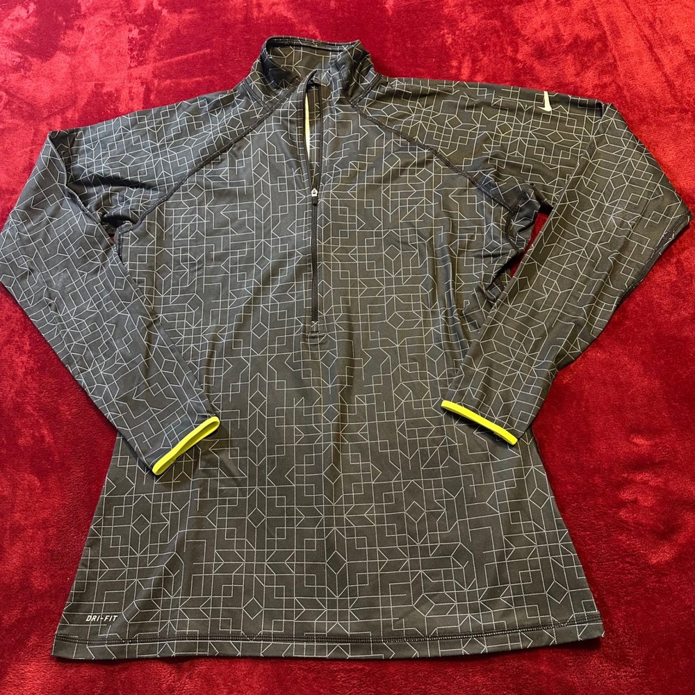 Nike Pro Dri-FIT Quarter Zip Pullover Geometric Grid Black White Lime XL